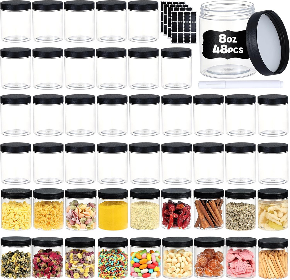 48 PCS 8OZ Plastic Jars With Screw On Lids, Labels Refillable Empty Round Slime