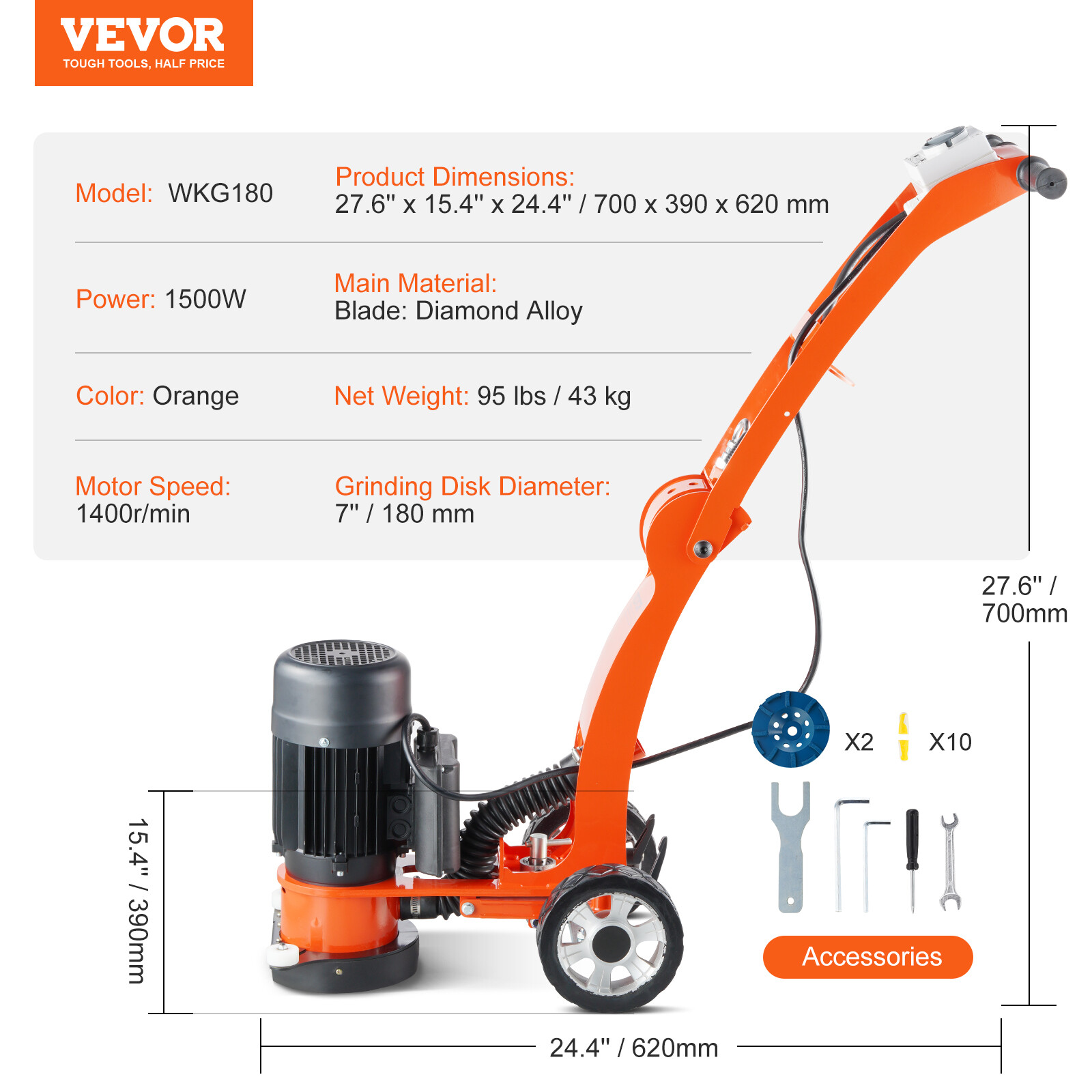 VEVOR Concrete Floor Grinder 7" Walk-Behind Polisher 1.7HP Adjustable Machine