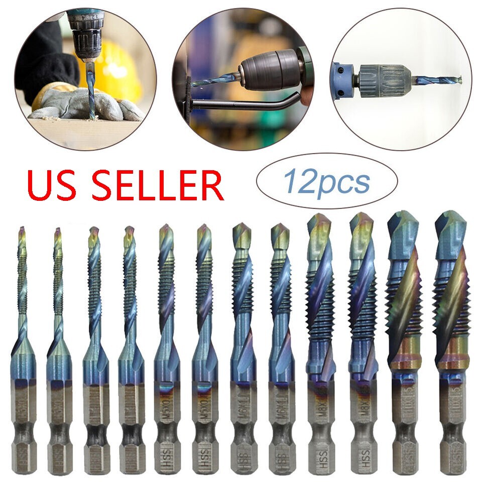 12Pcs HSS Hex Shank Drill Bits Tap M3-M10 Metric SAE Screw Thread Drill Bits Set