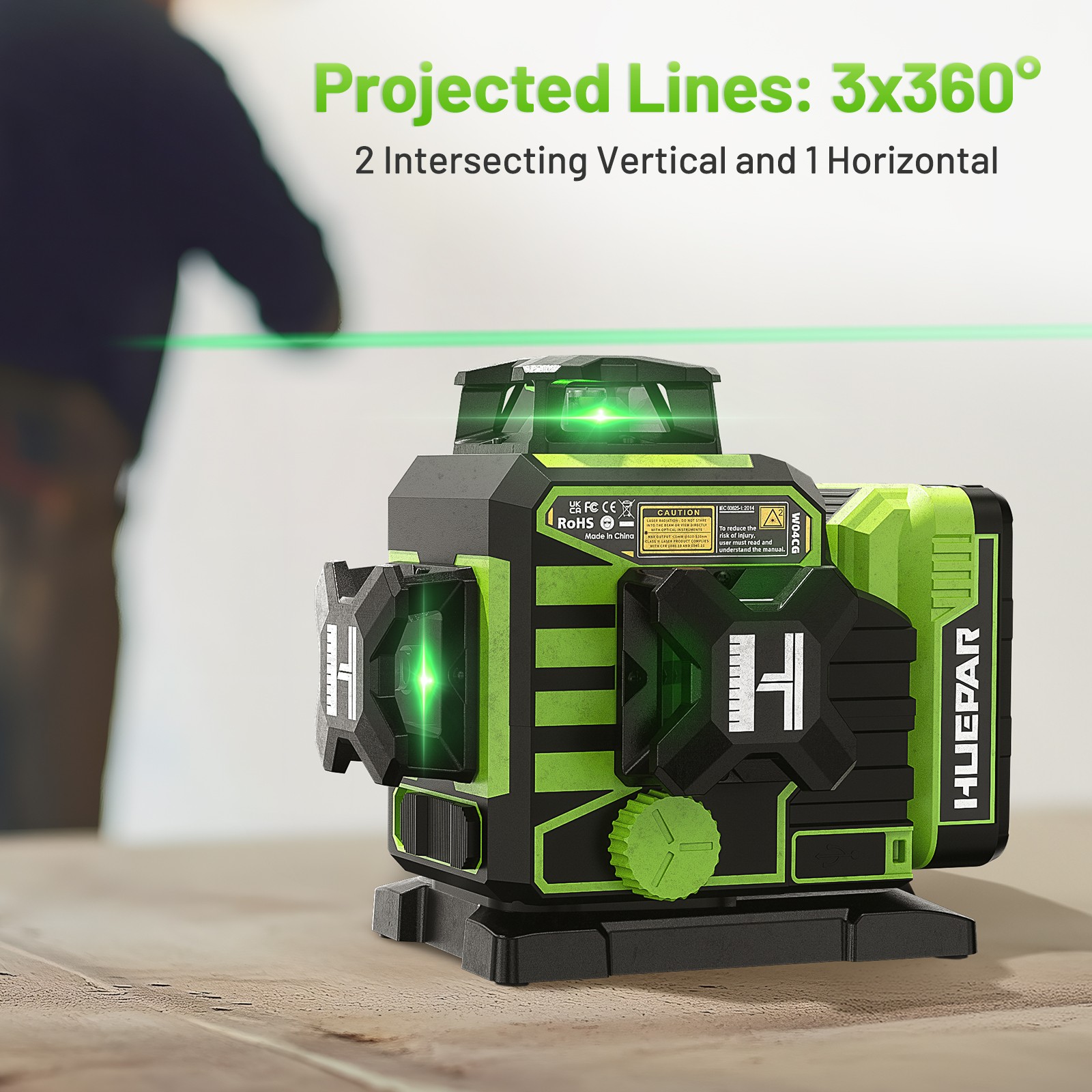 Huepar 3x360° Green Cross Line Bluetoothed Laser Level with Large LCD Screen