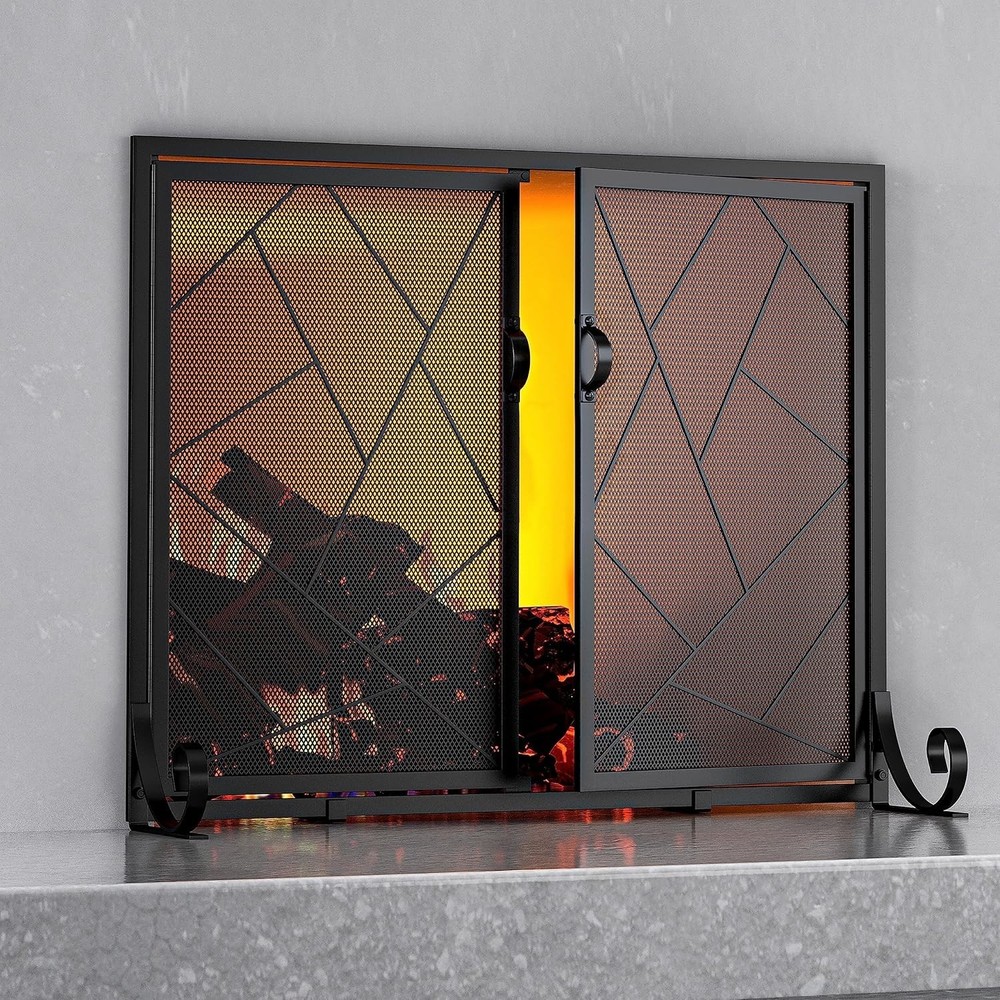 Fireplace Screen W/ Hinged Doors Cast Iron Border Sturdy Steel Frame Durable