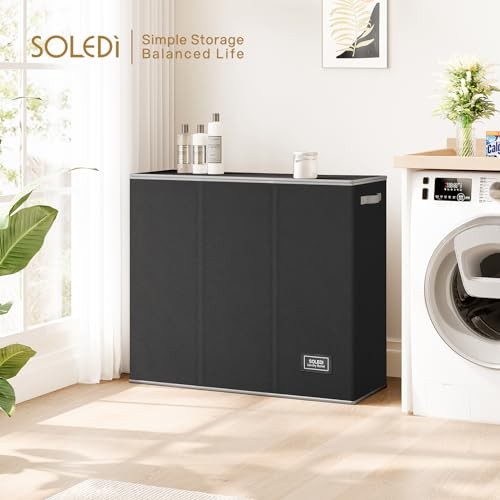 Laundry Hamper 3 Section, Extra Large Laundry Hamper with Lid, 180L Black
