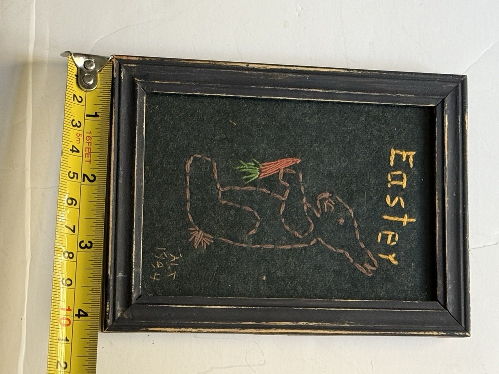 VTG Folk Art Easter Primitive Style Needlepoint Wool Bunny Rabbit 1994 Framed