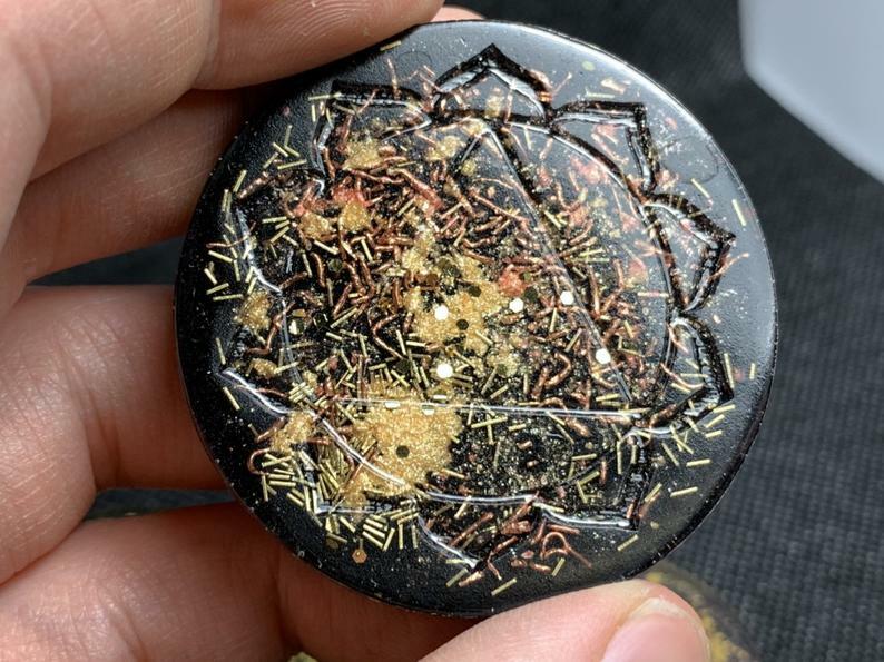Solar Plexus Chakra Orgonite® Tower Buster - Psychic Orgone Generator® Mini Disc