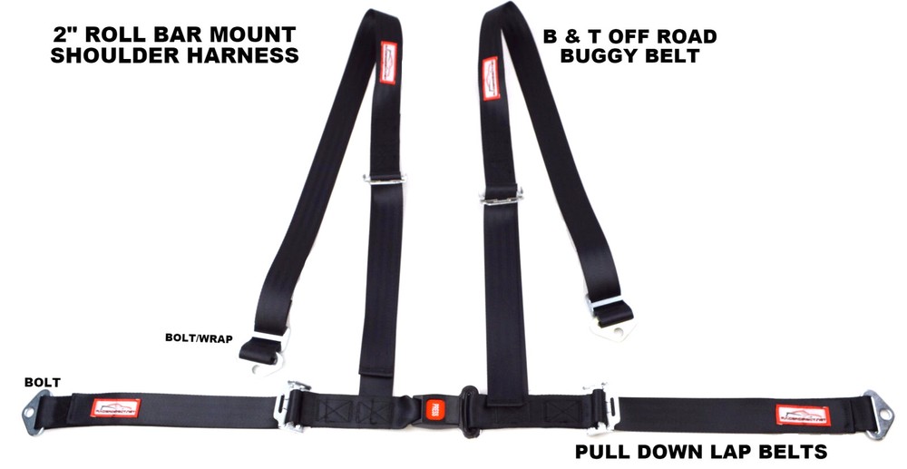 FOUR POINT SEAT BELT RACE HARNESS PULL DOWN LAP BELTS ROLL BAR MOUNT BLACK