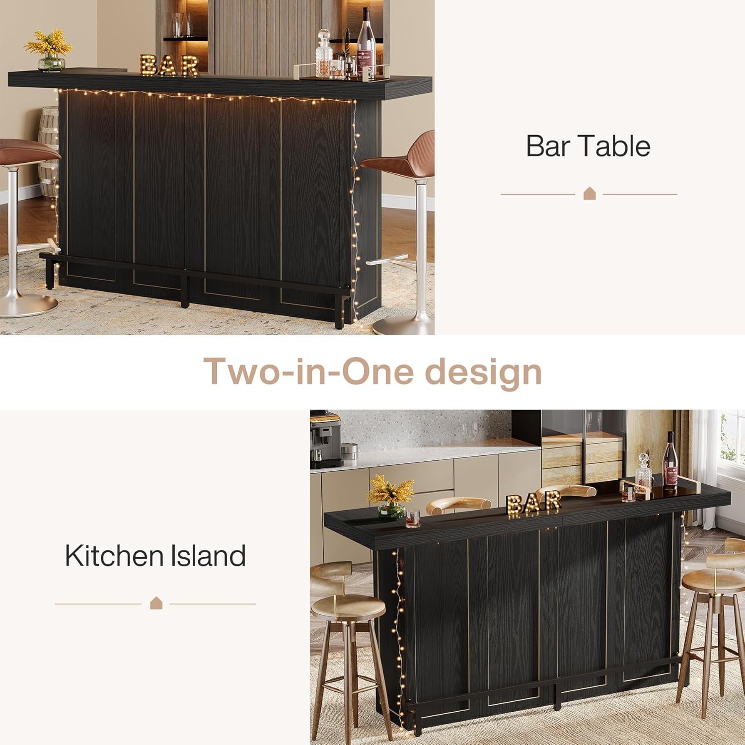 70.9-Inch Black Bar Table, Large Wooden Home Bar Unit Table for Small Spaces