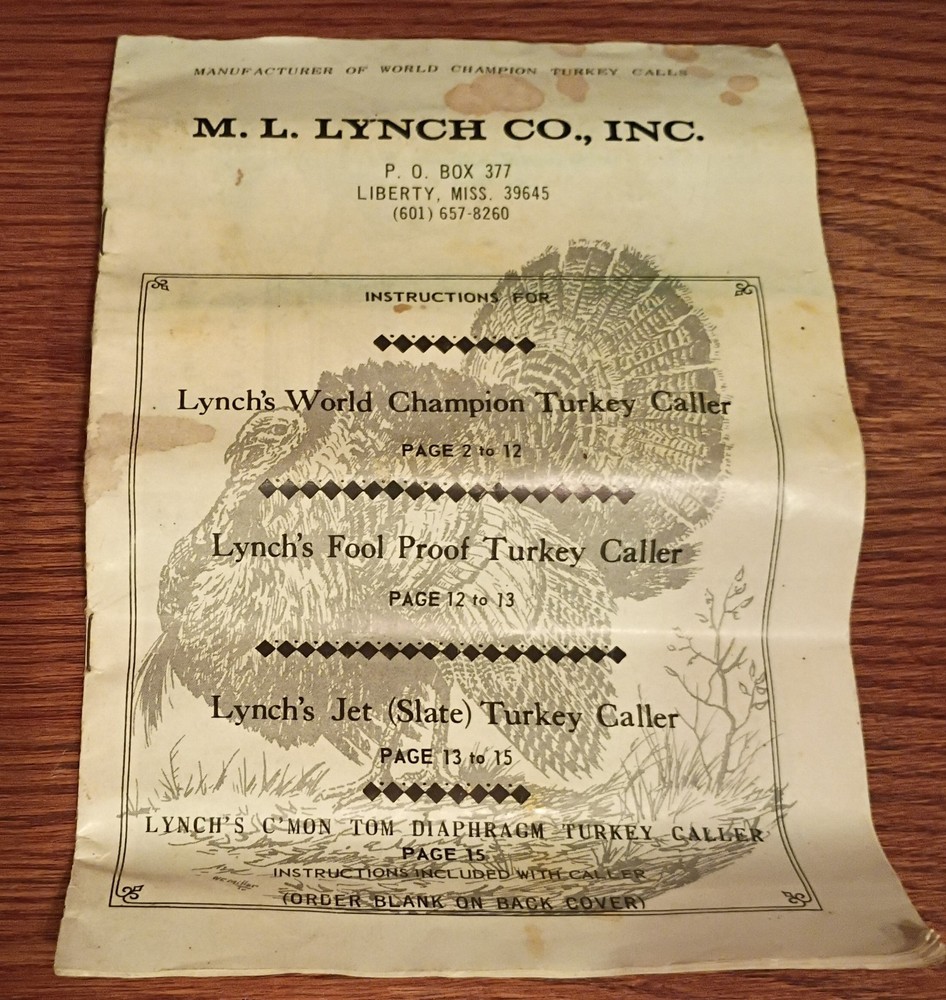 Original ML Lynch Turkey Call Model 102 101 Instructions Jet Turkey Call Insert