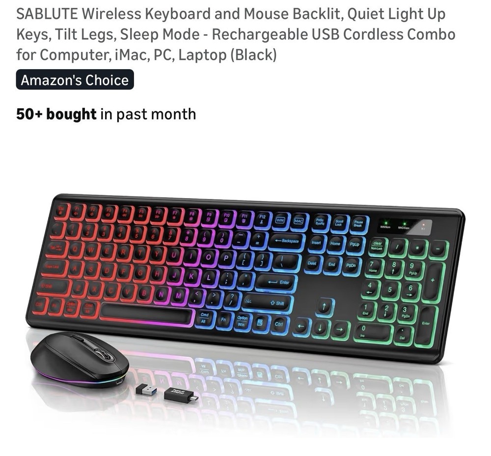 SABLUTE Wireless Keyboard & Mouse Backlit Rechargeable Combo Black