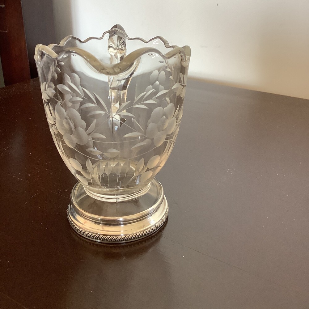 Vintage Etched Glass Syrup Pitcher with Sterling Base (Gadroon pattern)