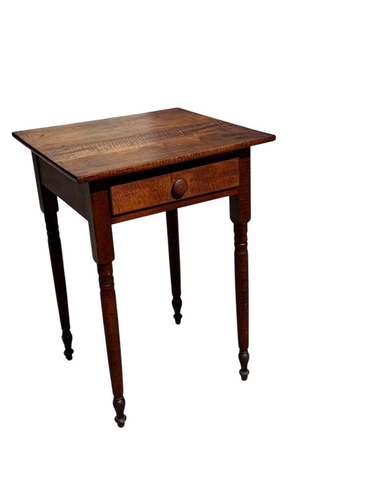 Antique tiger maple side table work stand 1 drawer sheraton 1820