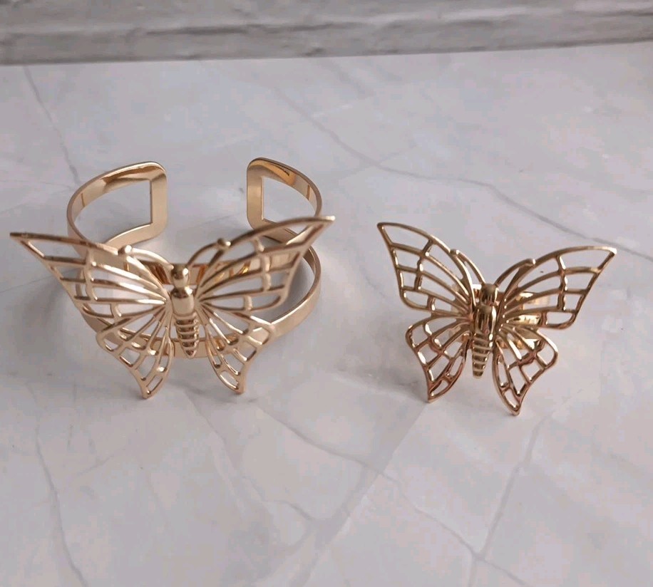 Gold Tone Filagree Butterfly Bangle & Adjustable Ring BNWOT