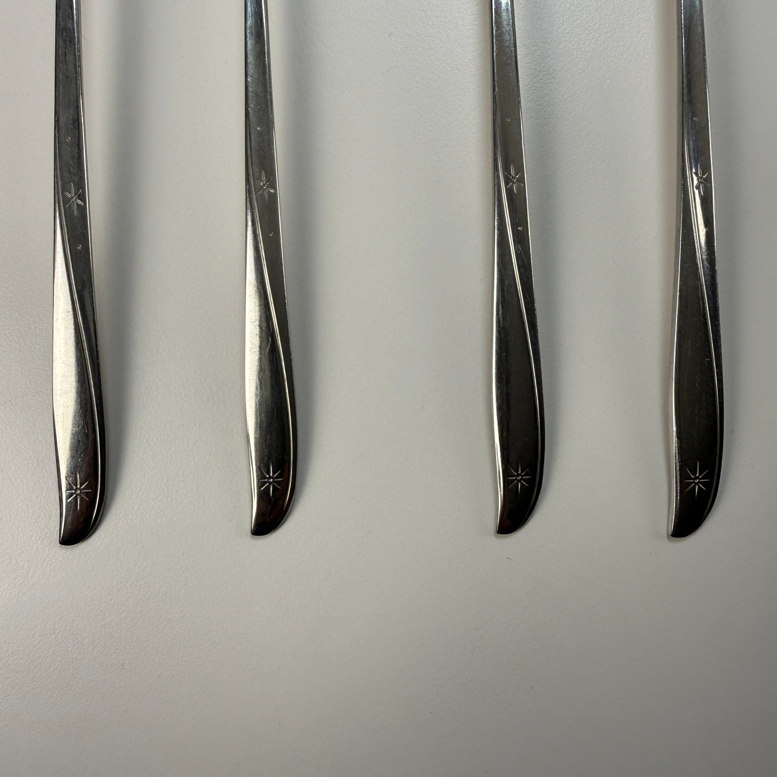 4 Iced Tea Spoons Oneida Community Twin Star Atomic Starburst MCM Stainless 7.5"