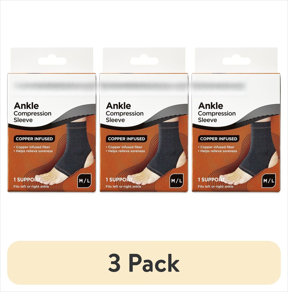 (3 pack) Copper-Infused Ankle Compression Sleeve Brace, Medium/Large