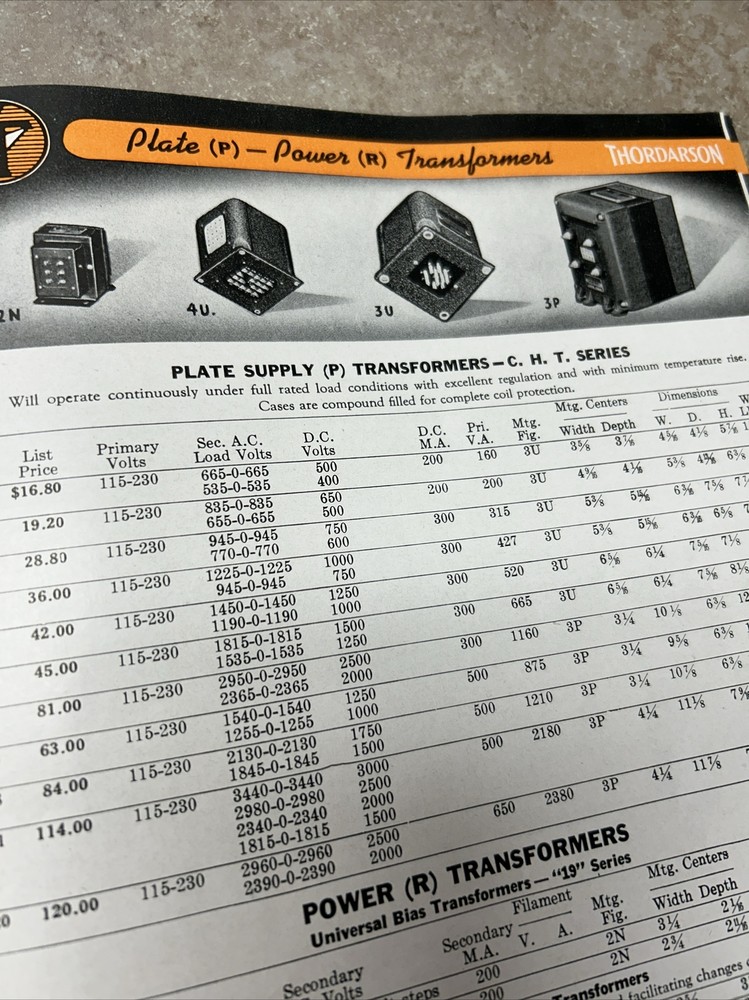 TRANSFORMERS BY THORDARSON COMPLETE CAT. NO 400-FX 1942 & COMPARISON DATA JB61