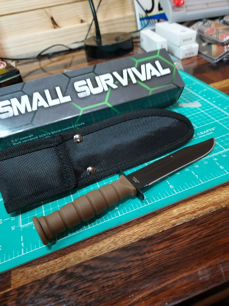 FIXED-BLADE SURVIVAL KNIFE | 7.5" Small Desert Tan Rubber Handle Tactical Combat