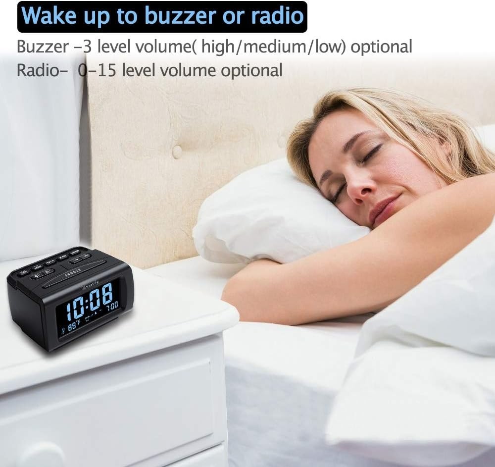 Large Display FM Alarm Clock with Adjustable Brightness & Temperature - Black