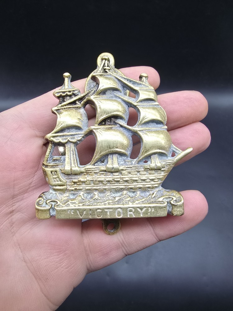 Antique Solid Brass HMS Victory Ship Nautical Decor Door Knocker C1910s 6x8.5cm