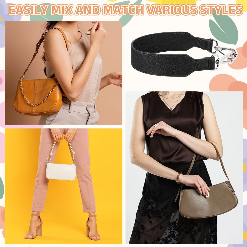 16 Inch Leather Purse Strap, Pebbled Pattern with Silver Buckle, Black