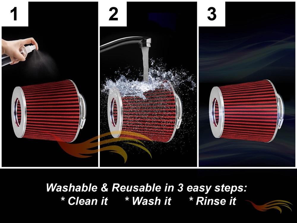 2.5 Inch Red Engine Air Filter Universal High Flow Reusable Washable Clamp In...