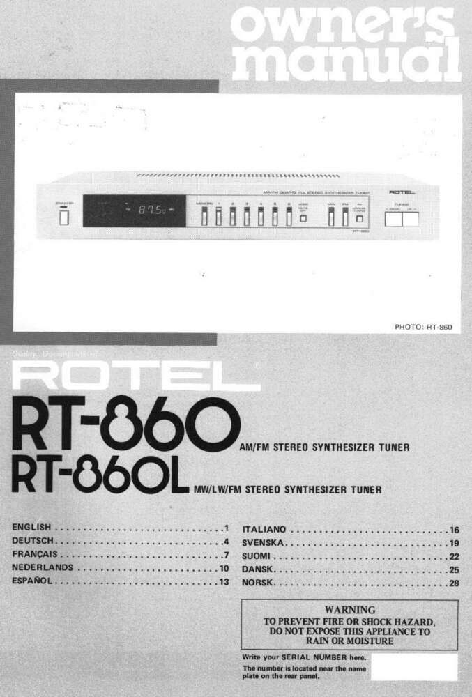 Rotel RT-860 Tuner Owners Manual