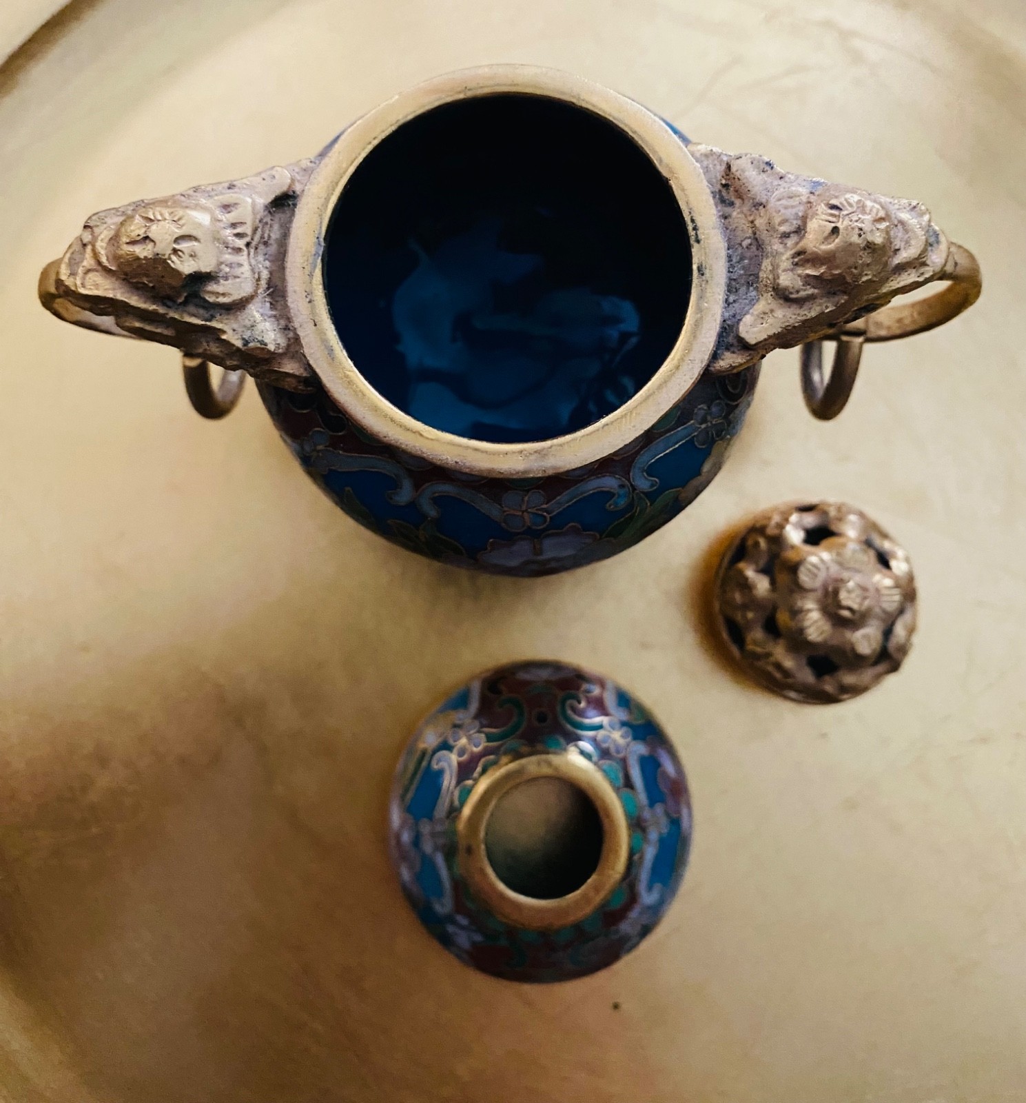 Vintage Chinese Incense Burner Cloisonne Enamel Gilt Bronze with Handles