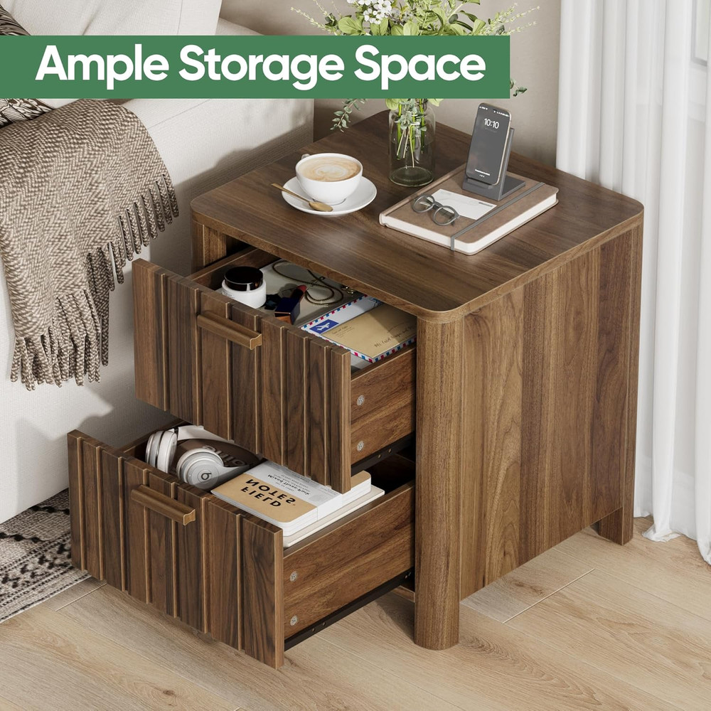 Walnut Fluted Mid Century Nightstand with Seamless Drawer and Solid Wood Handle
