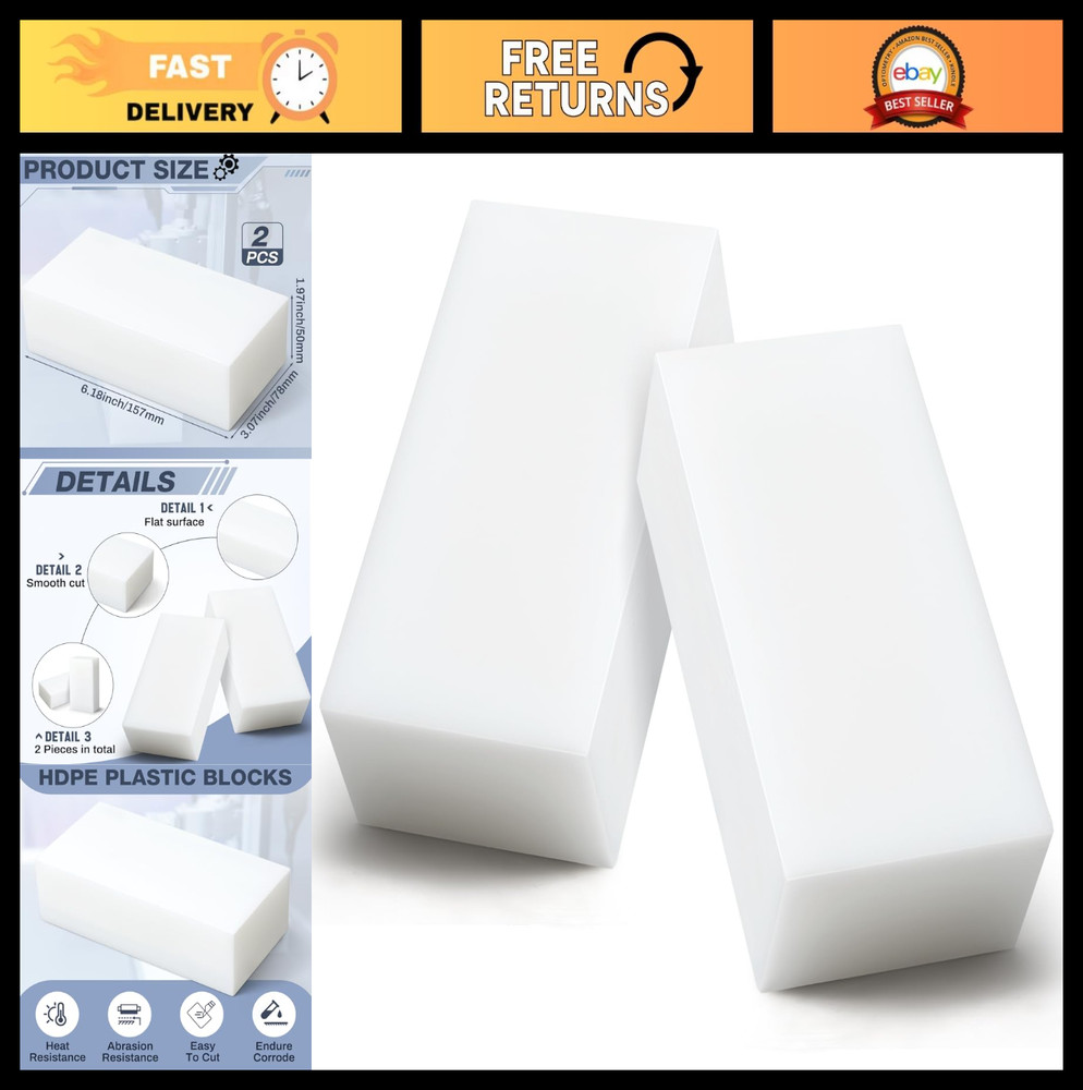2 Pcs HDPE Plastic Blocks 2"x3"x6" - Solid Polyethylene for Machining, DIY, Prot