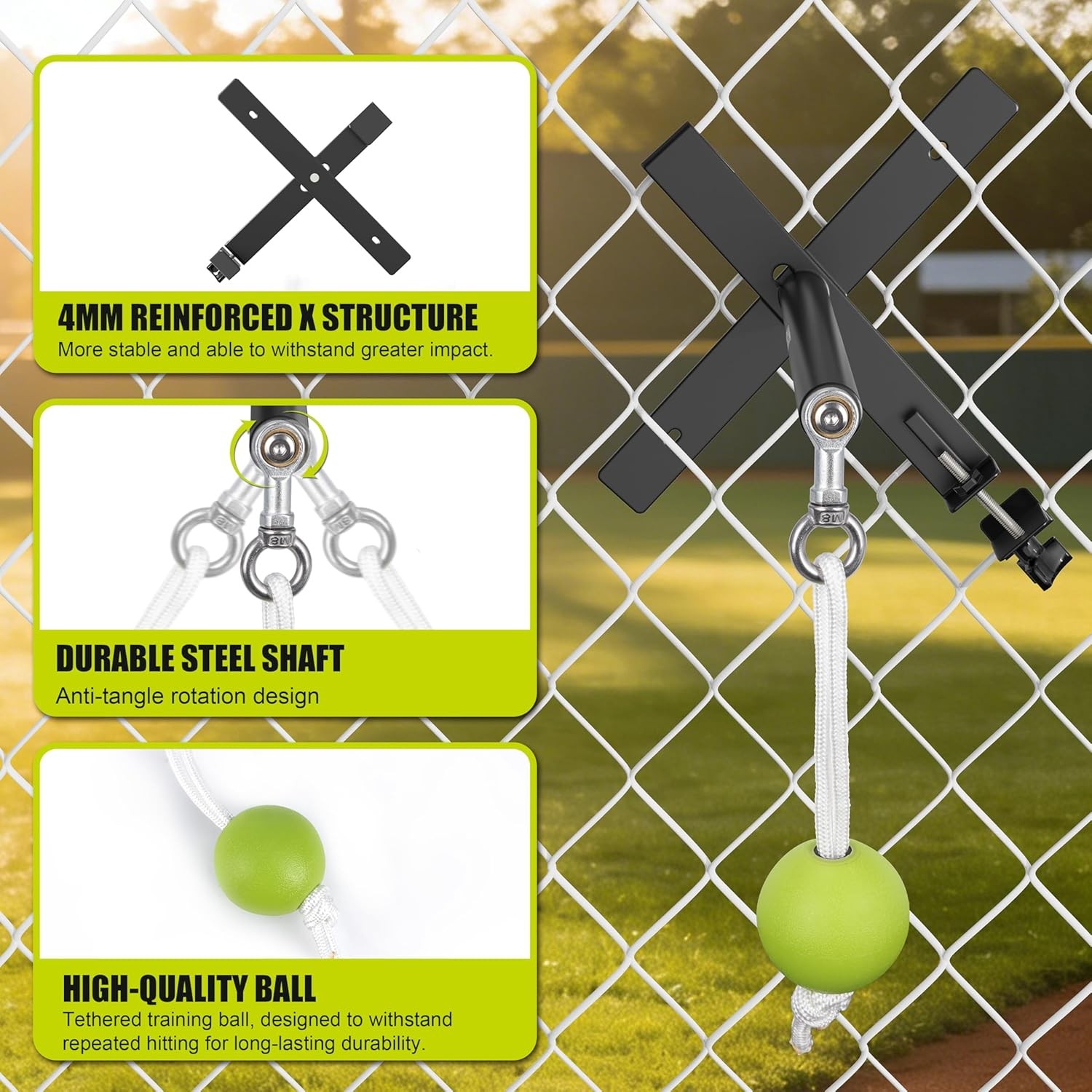 Portable Baseball/Softball Swing Trainer with Auto Reset Tethered Ball