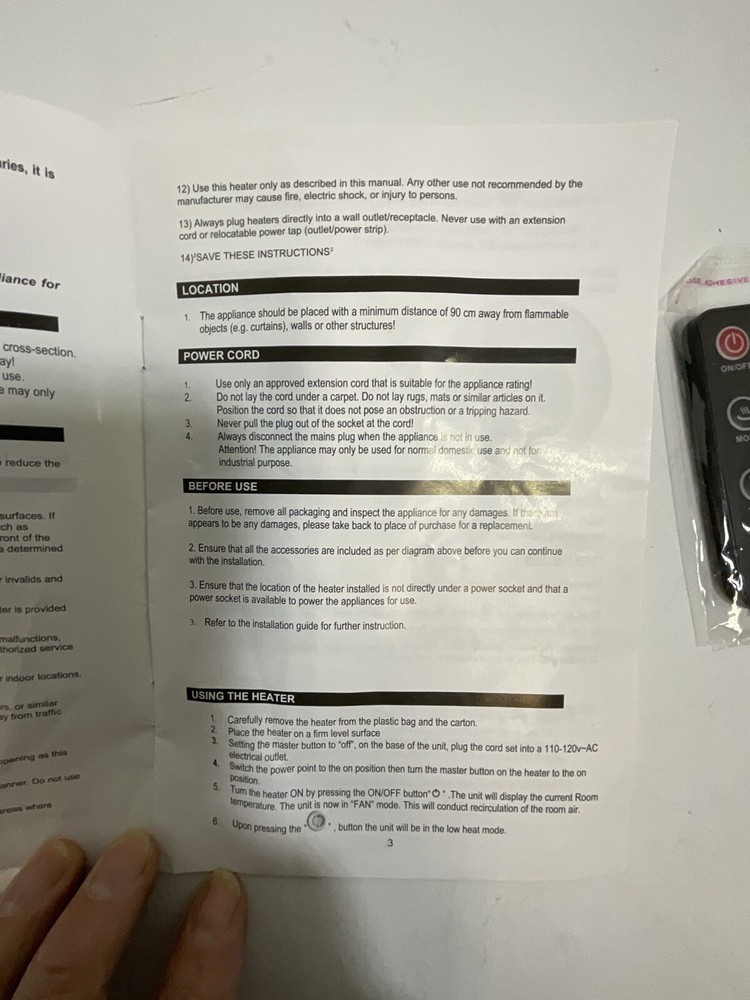 Westpointe Ceramic Heater Remote Control With Instruction Manual
