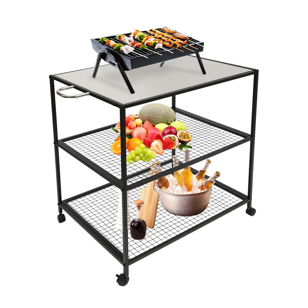 Mobile Dining Cart Camping BBQ Food Prep Table Kitchen Serving Table Stainless