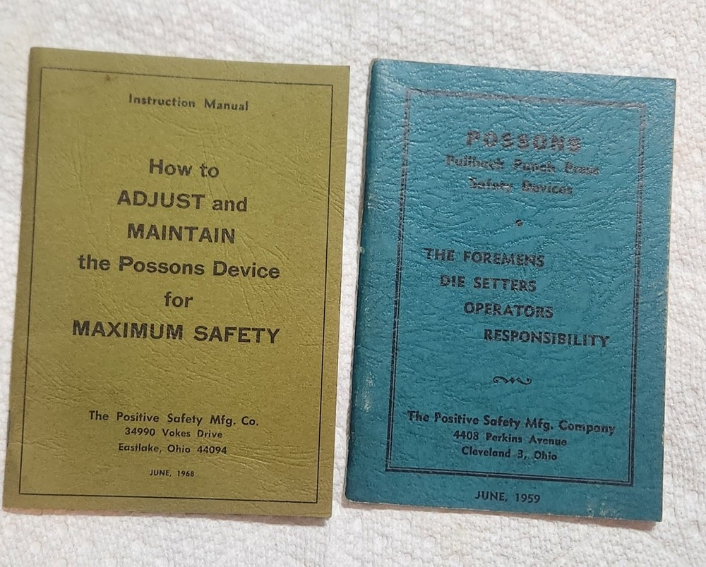 1959 & 1968- Possons Pullback Safety Devices Maintain Adjust Die Setting Manual