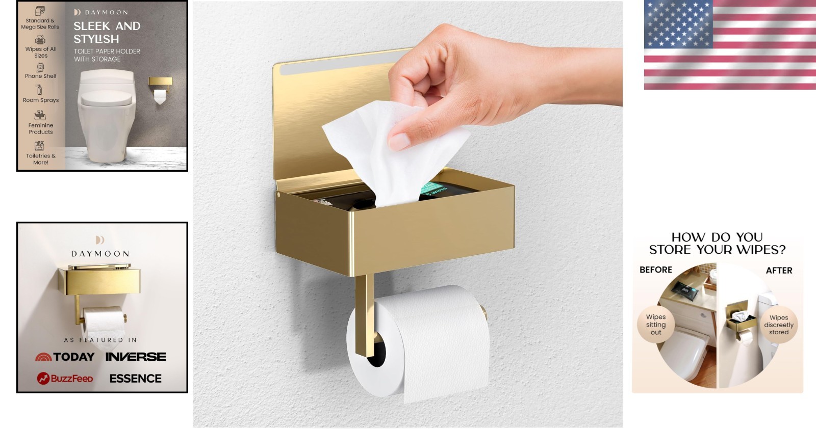Brushed Gold Toilet Paper Holder with Shelf & Wipe Dispenser - Modern Elegance