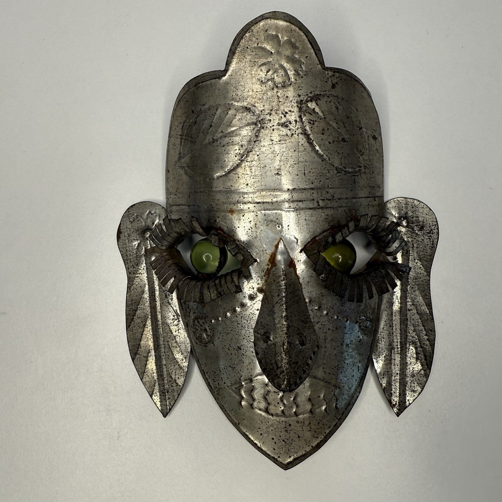 Mexican Tin Folk Art Face Mask Green Glass Eyes Wall Hanging Vintage Cultural