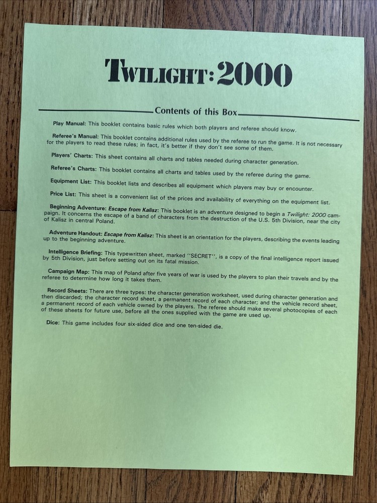 Twilight 2000 Roleplaying Game Box Set GDW 1984 Complete except missing dice