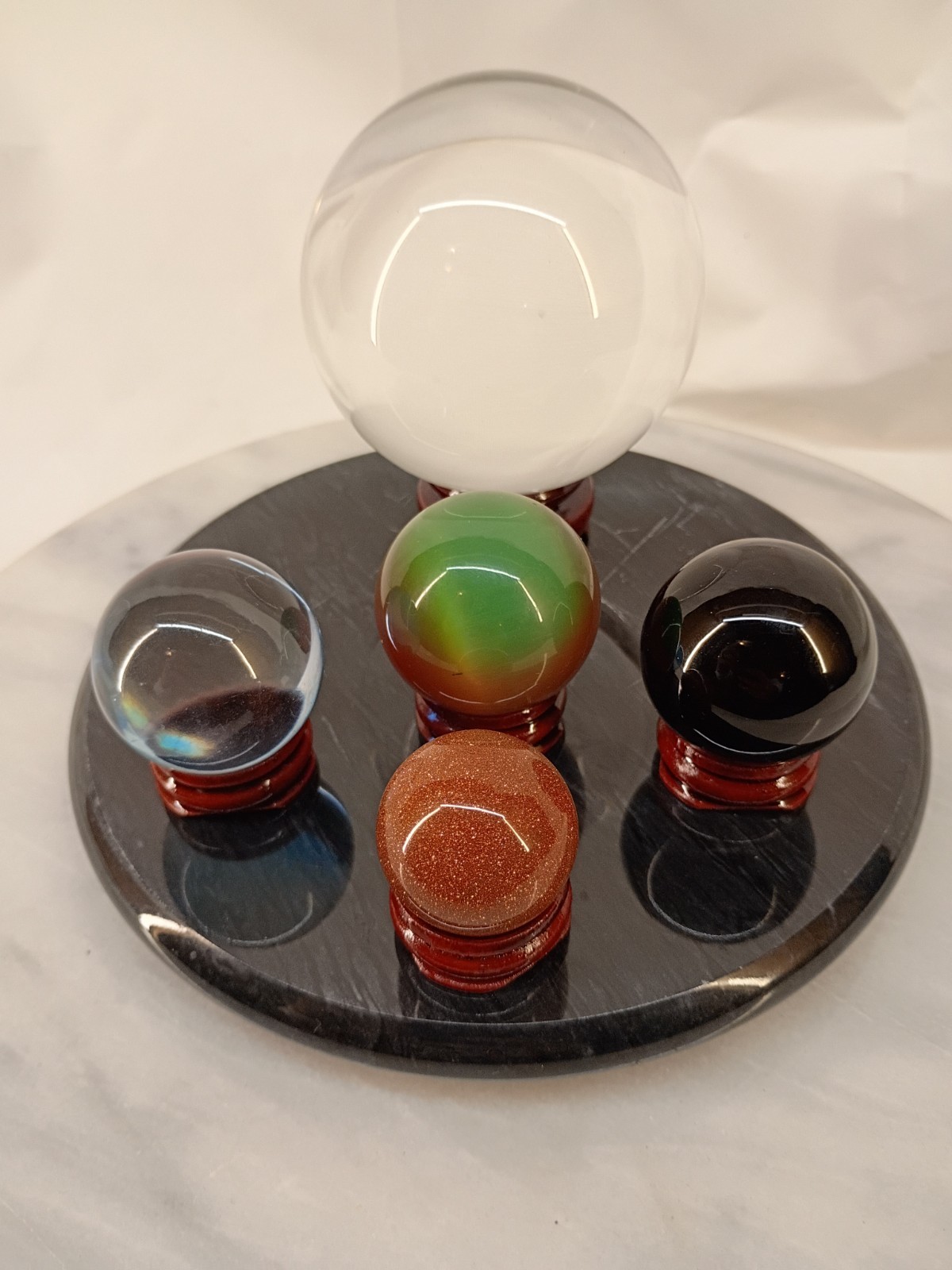 Lot Of 5 Glass Orbs Marbles With Stands And Marble Base Meditation Healing