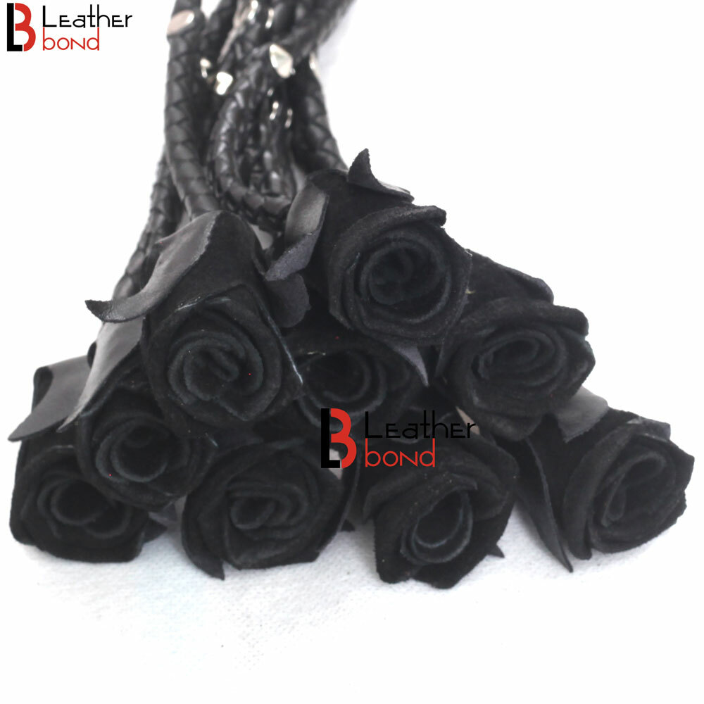 Rose Flogger Cowhide Leather 9 Braided Falls Heavy Black Roses & Steel Handle