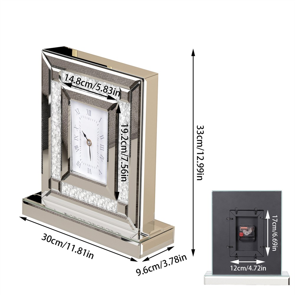 Crystal Crush Diamond Mirrored Square Clock Decorative Silver Table Quartz Clock