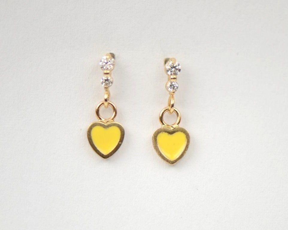 14K Solid Yellow Gold Enamel Heart Shape Dangle Stud Earring