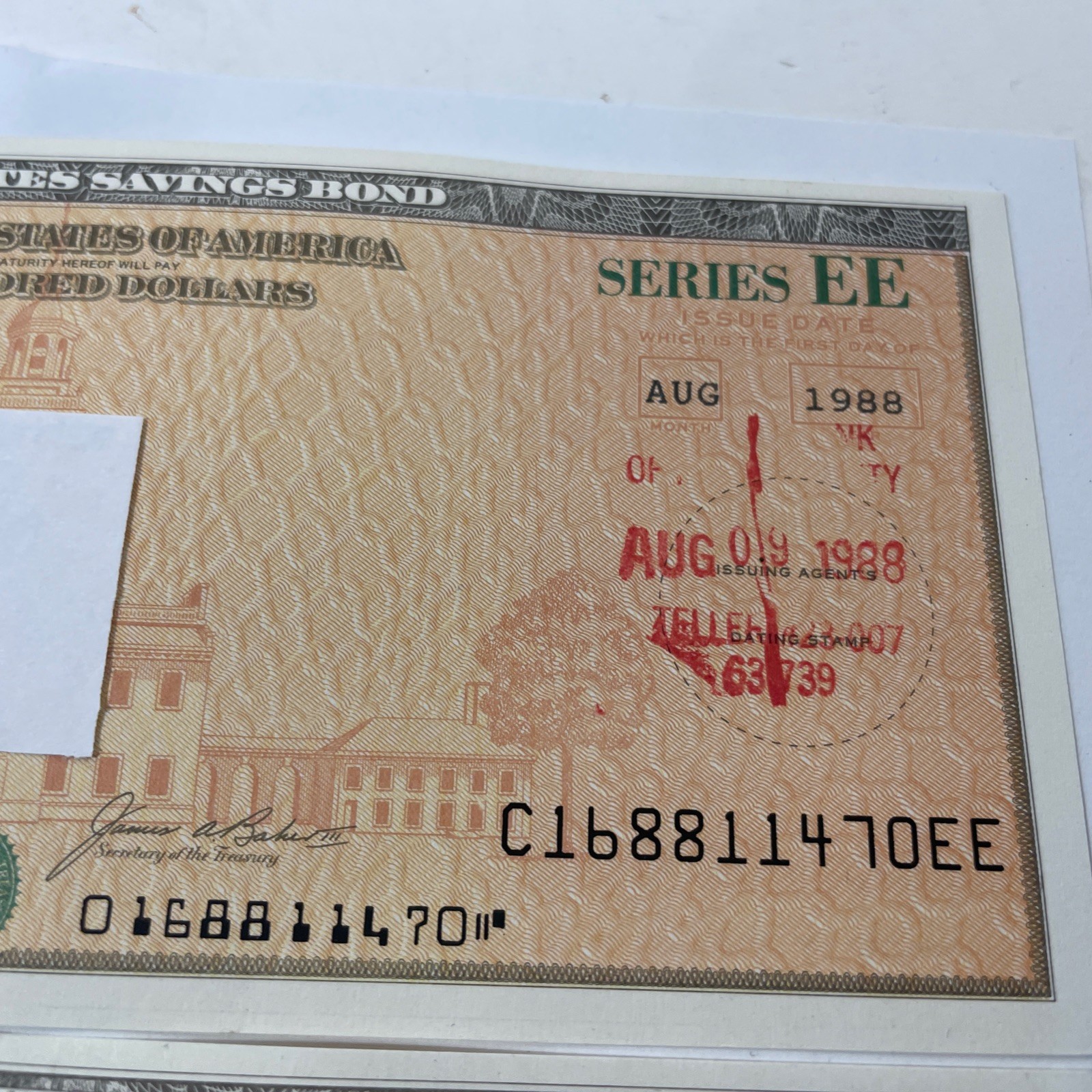 US 1988 Savings Bond Series EE $100 Dollar Jefferson Unsigned Lot 3 Consecutive