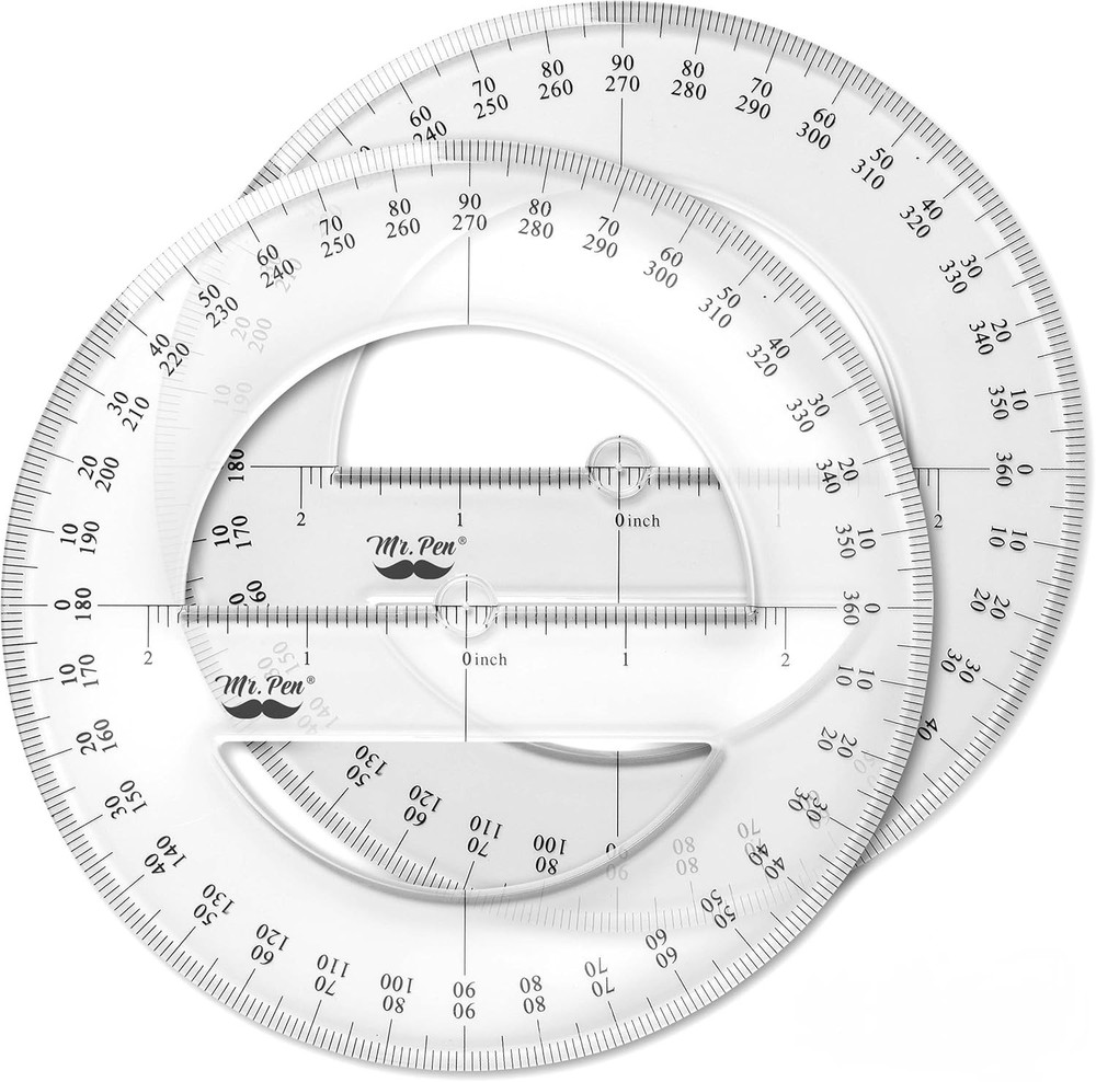 Math Geometry Protractor Set - 2 360-Degree Protractors in Clear Plastic