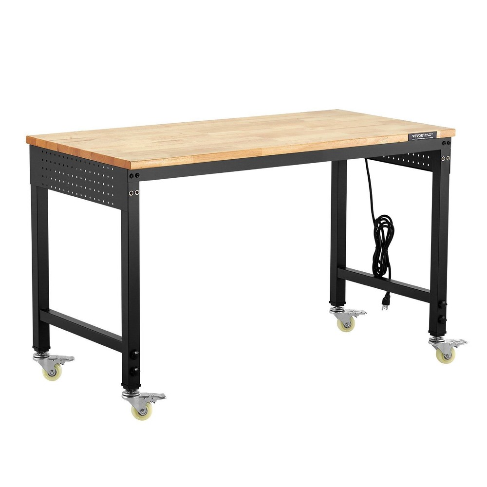 48in 2000lb Workbench & Pegboard with Power Outlet & Wheels, Adjustable Oak Top