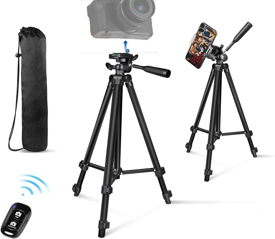 Adjustable Phone & Camera Tripod w/Built-in Level, Portable Metal Travel Stand