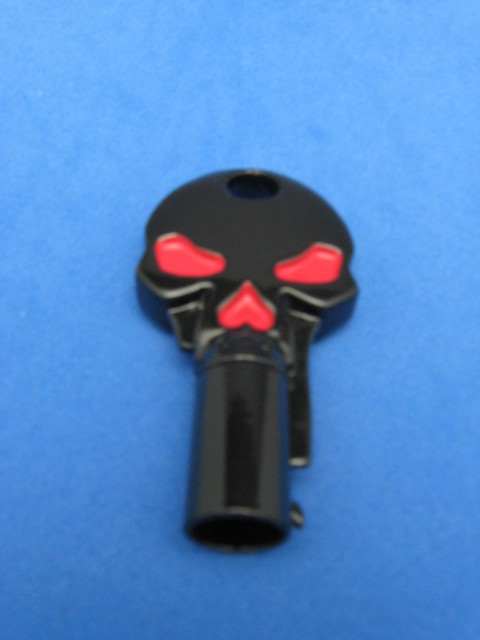 SKULL ROUND BARREL KEY BLANK FOR HARLEY DAVIDSON BLACK CHROME WITH RED E-#0001A