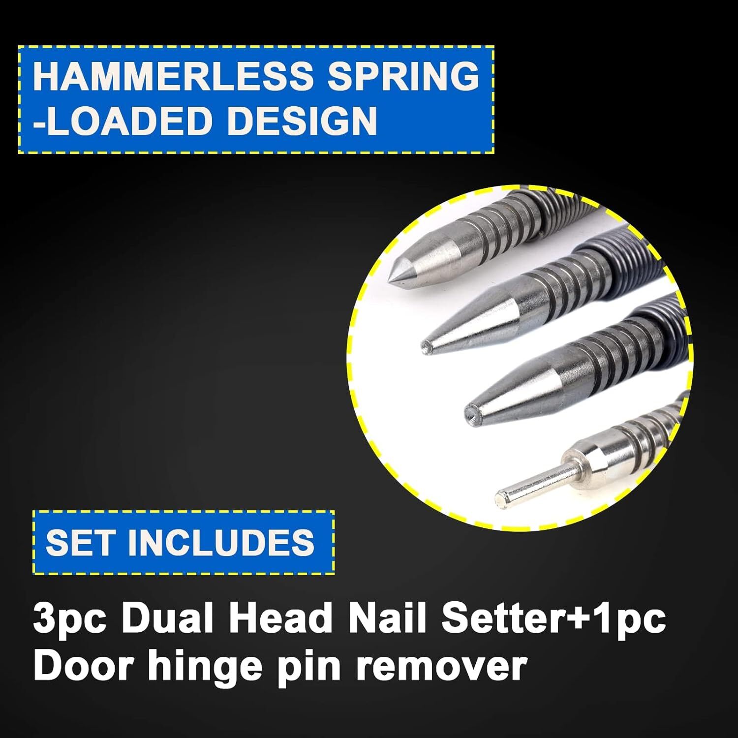 4Pcs Spring Loaded Nail Set Tool, Hammerless Center Punch for Trim Carpentry