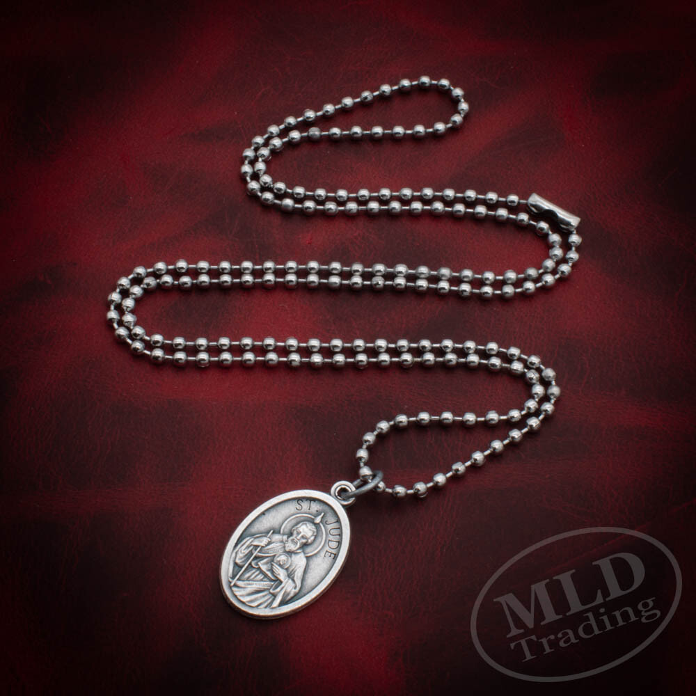 Saint St Jude Medal Pendant Necklace - Zinc Alloy, Made in Italy, 1" w 24" Chain