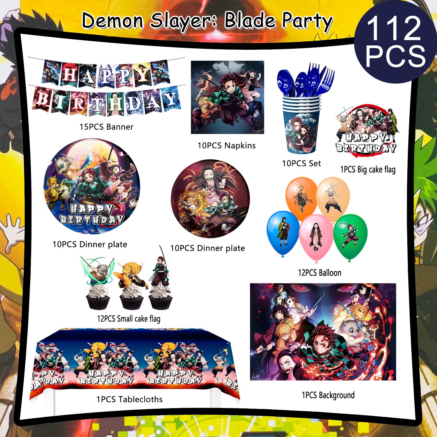 112 Pcs Anime Demon Slayer Party Decoration Demon Slayer Birthday Balloon Plates