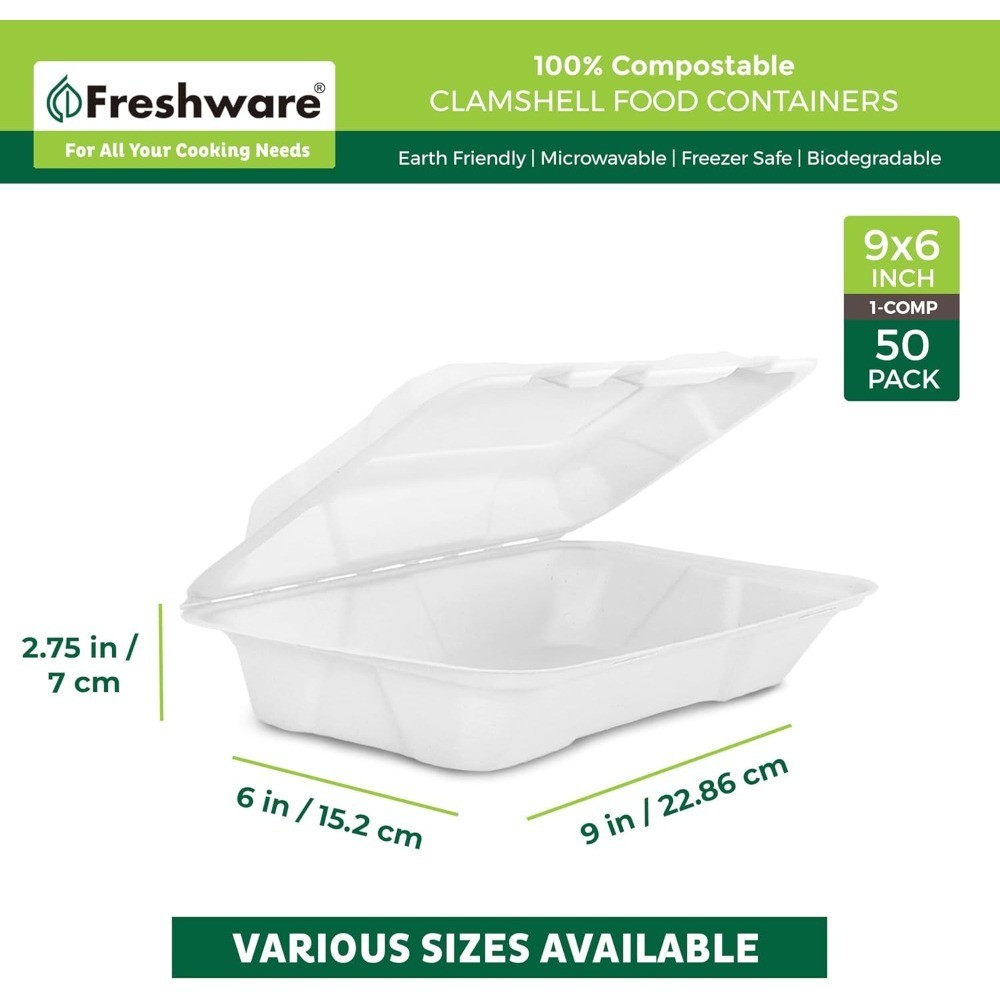 Compostable Clamshell Food Containers 50-Pack Disposable To Go Boxes