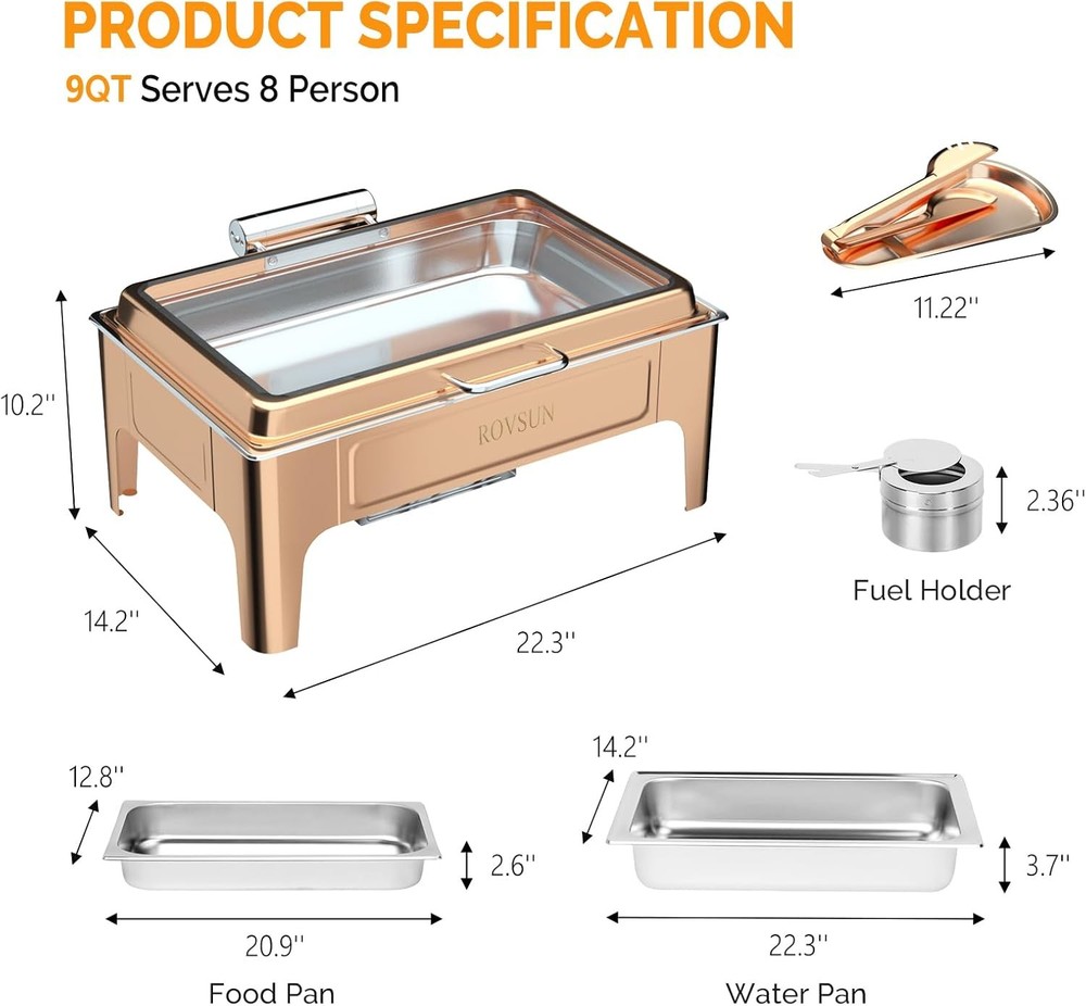Chafing Dish 9QT, Rectangular Buffet Warmer Set with Glass Lid & Serving Tong