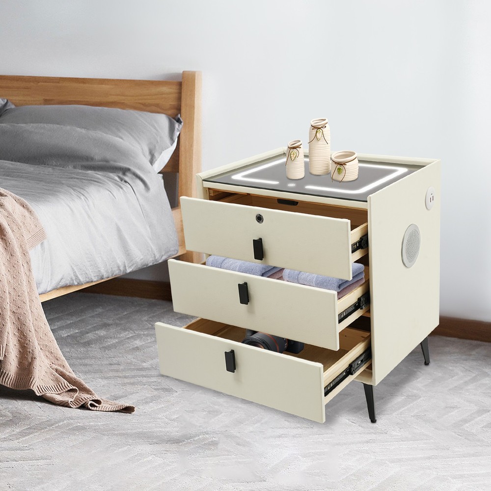 Bluetooth Nightstand Fingerprint Locking Drawer Wireless Charging 3 Color LED