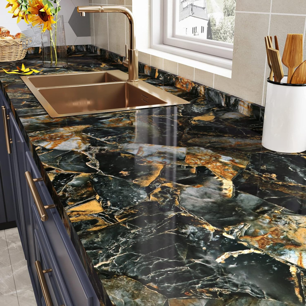 Black Marble Effect Vinyl Self Adhesive Wallpaper, Plastic Roll Eff